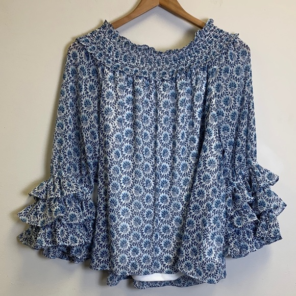 CeCe Ruffled Blue Patterned Blouse - Picture 6 of 6